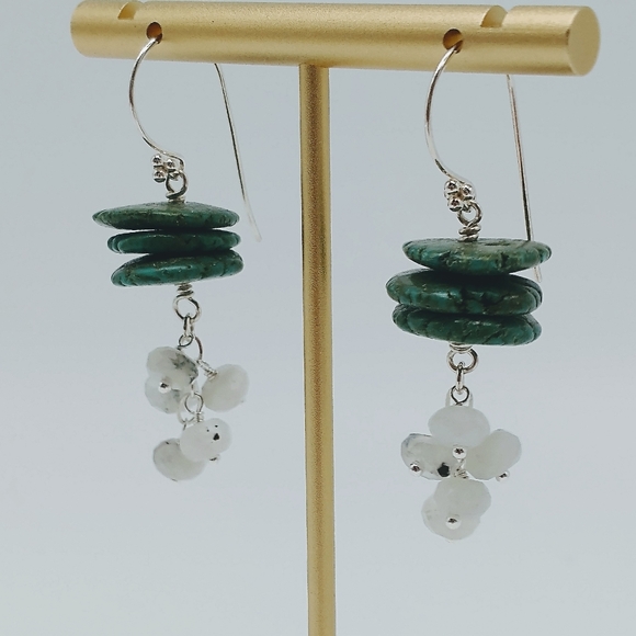 Sterling Silver Turquoise Moonstone Dangle Earrings - Picture 2 of 8